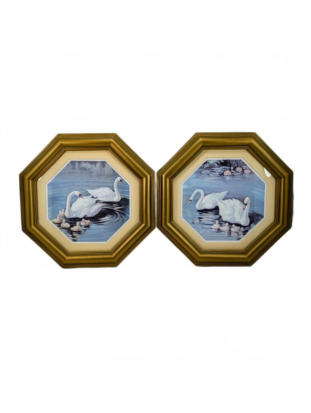 Vtg Homco Octogonal Framed Swan & Chicks Art - Set of 2